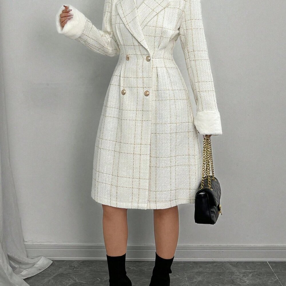 White Elegant Women's Long Sleeve Double-Breasted Coat w/Cinched Waist Cuff Fur - Picture 4 of 7
